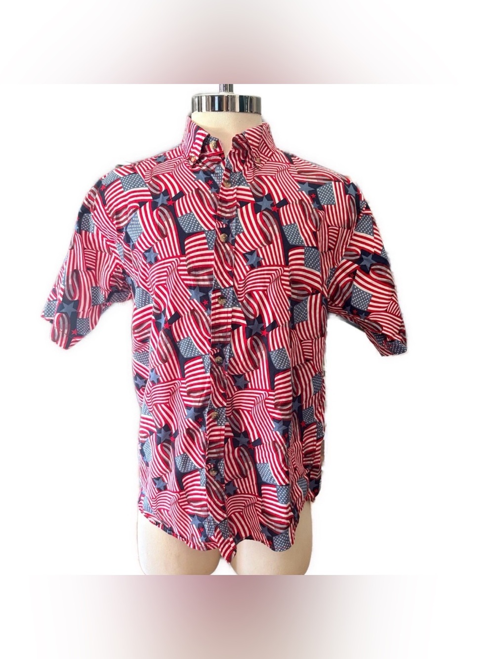 Obnoxiously Patriotic button down camp Shirt American Flag Red White Blue